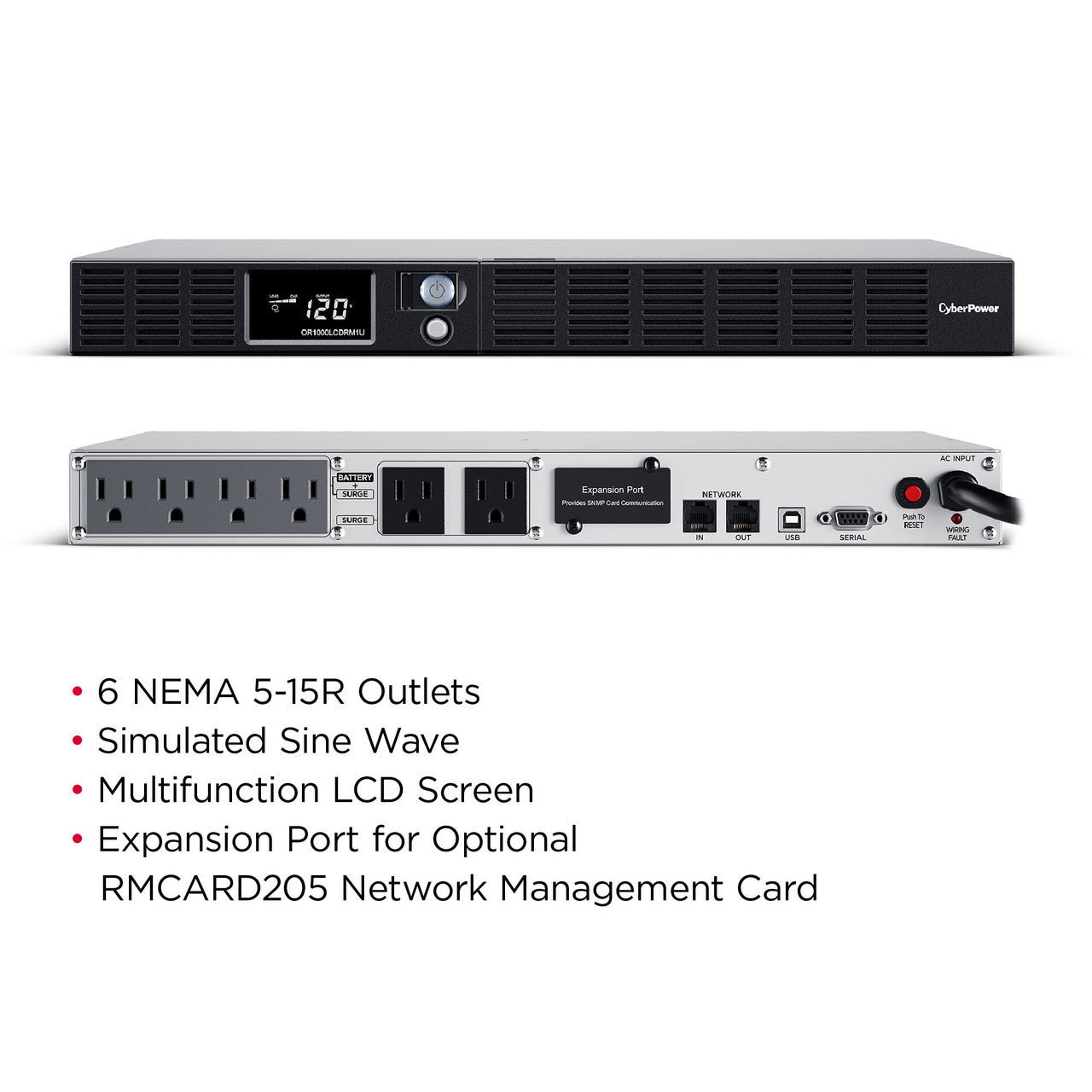 CyberPower OR1000LCDRM1U 1000VA/600W 1U Rackmount UPS, 6 NEMA 5-15R Outlets, NEMA 5-15P Plug