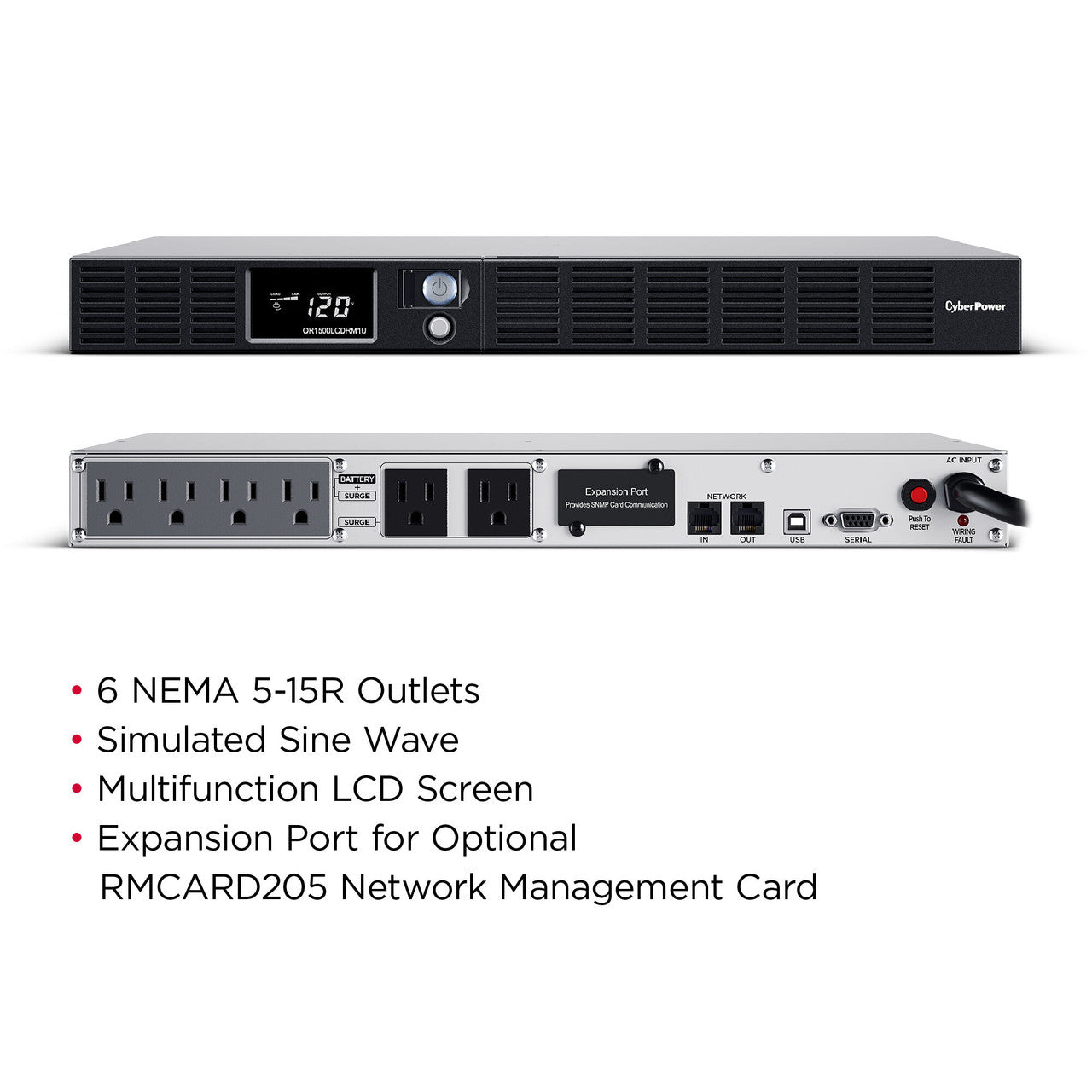 CyberPower OR1500LCDRM1U 1500VA/900W 1U Rackmount UPS, 6 NEMA 5-15R Outlets, NEMA 5-15P Plug