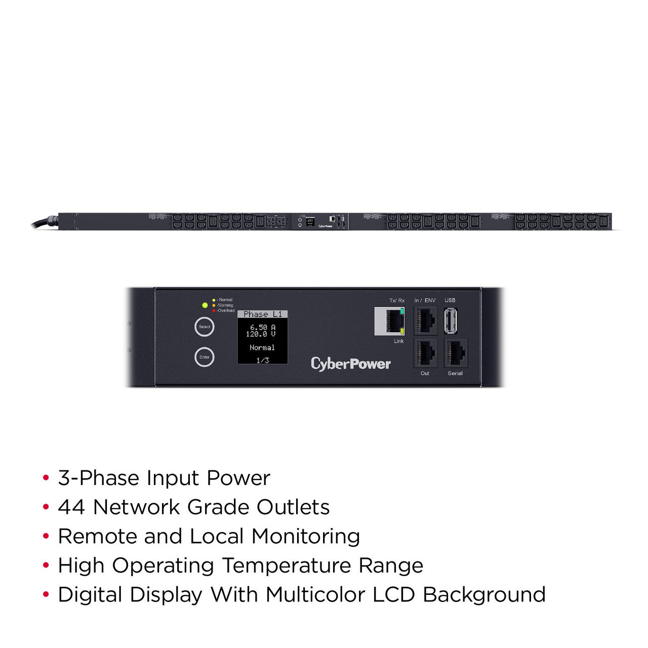 CyberPower PDU33103 3-Phase Monitored PDU, 120V/208V, 20A, 0U, (2) 5-20R + (36) C13 + (6) C19