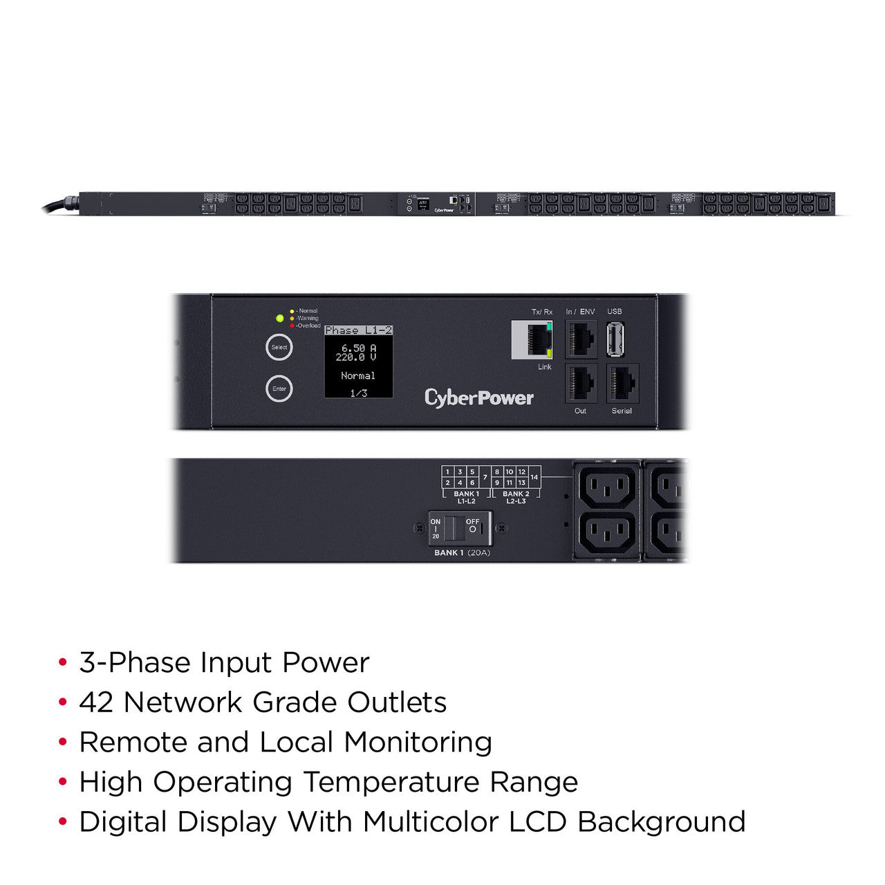 CyberPower PDU33108 3-Phase Monitored PDU, 200V-240V, 50A, 0U, (36) C13 + (6) C19