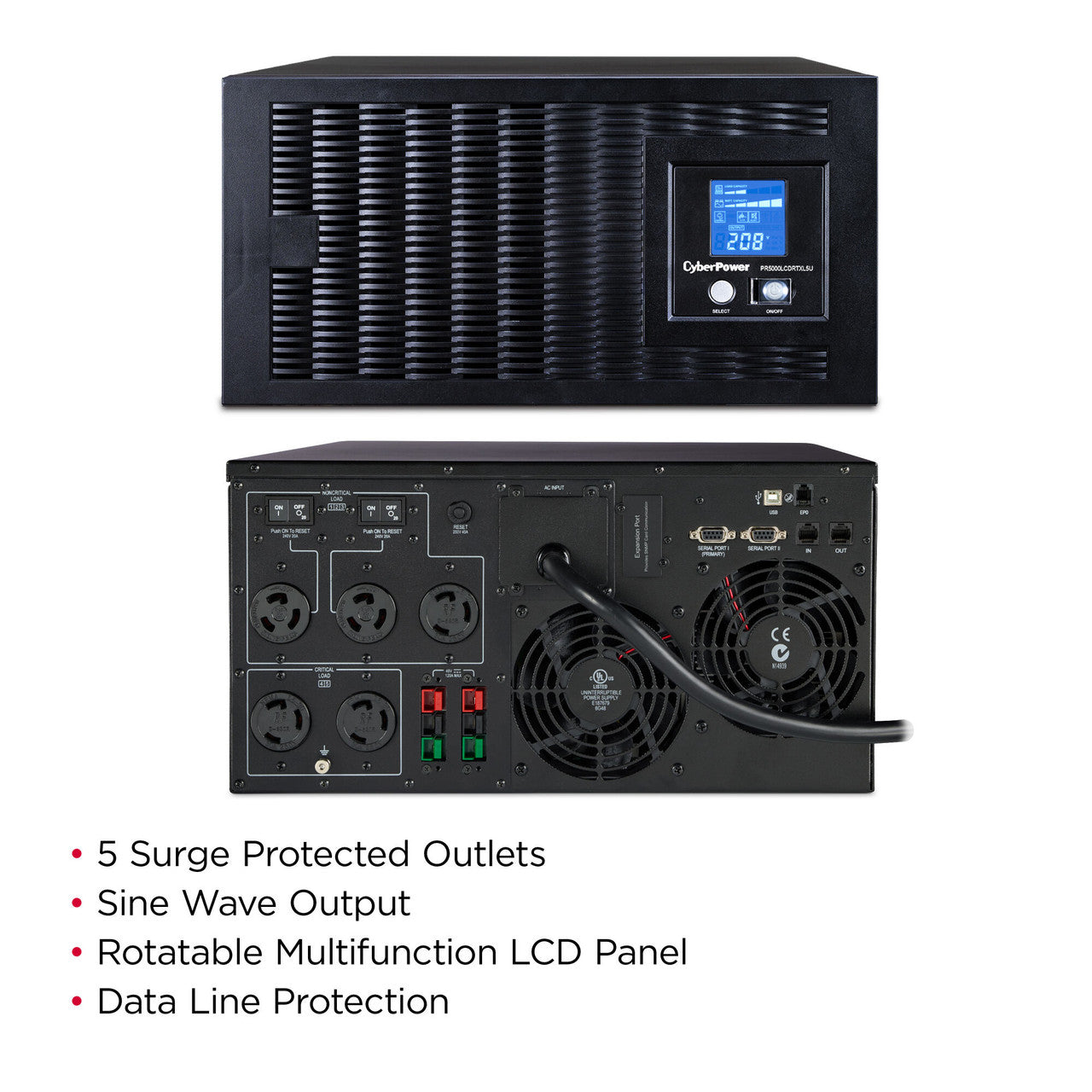 CyberPower PR5000LCDRTXL5U 5000VA/4000W, Pure Sine Wave, 5U, NEMA L6-30P, 10 ft cord, USB