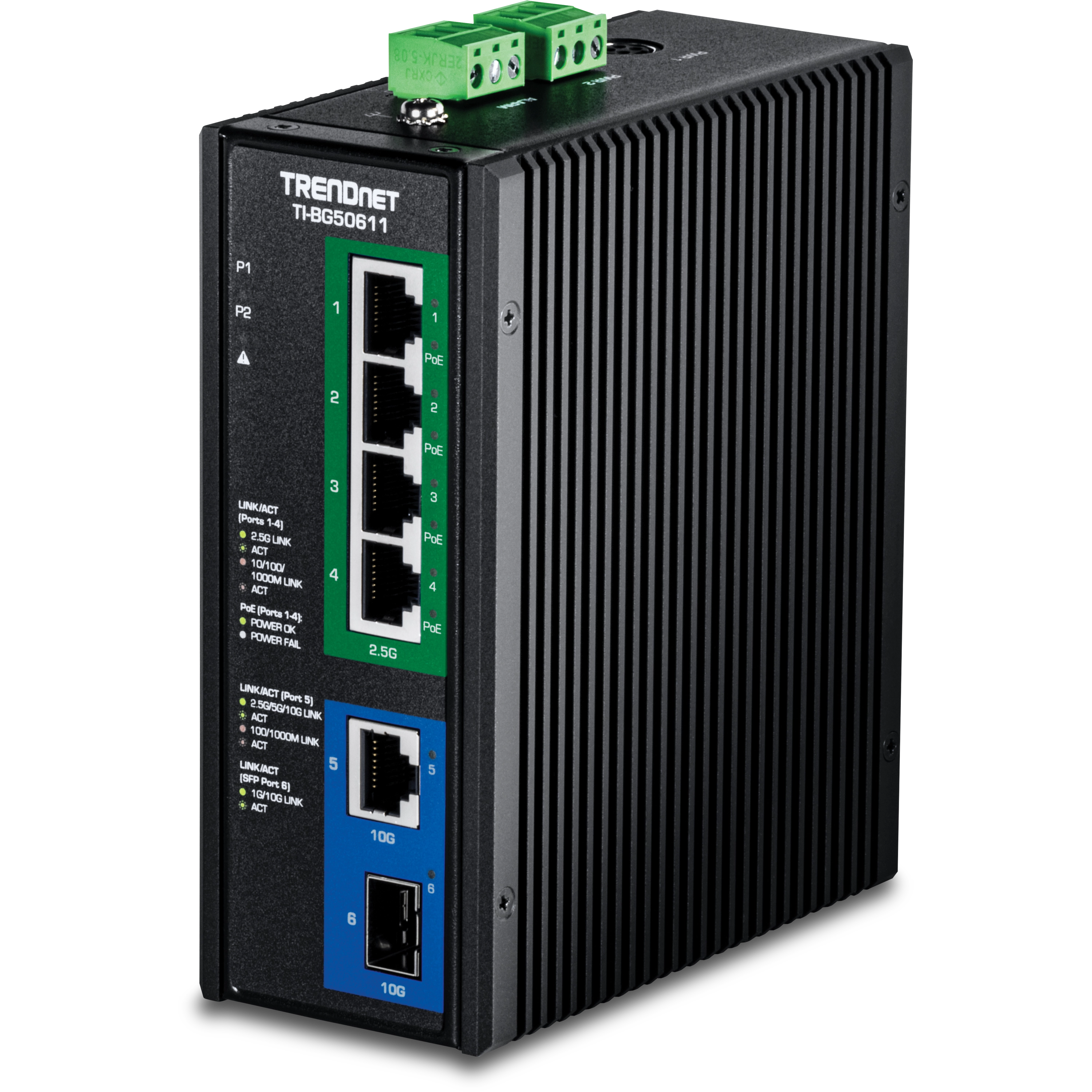 TRENDnet TI-BG50611 6-Port Industrial 2.5G PoE++ DIN-Rail Switch with 10G Ports