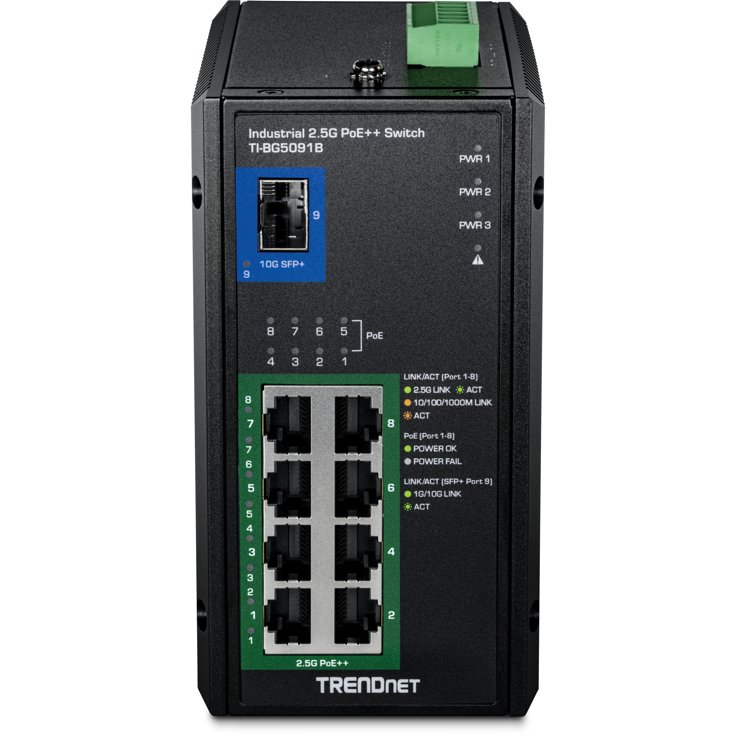 TRENDnet TI-BG5091B 9-Port Industrial 2.5G DIN-Rail PoE++ Switch with 10G SFP+ Port( 24 - 57V )