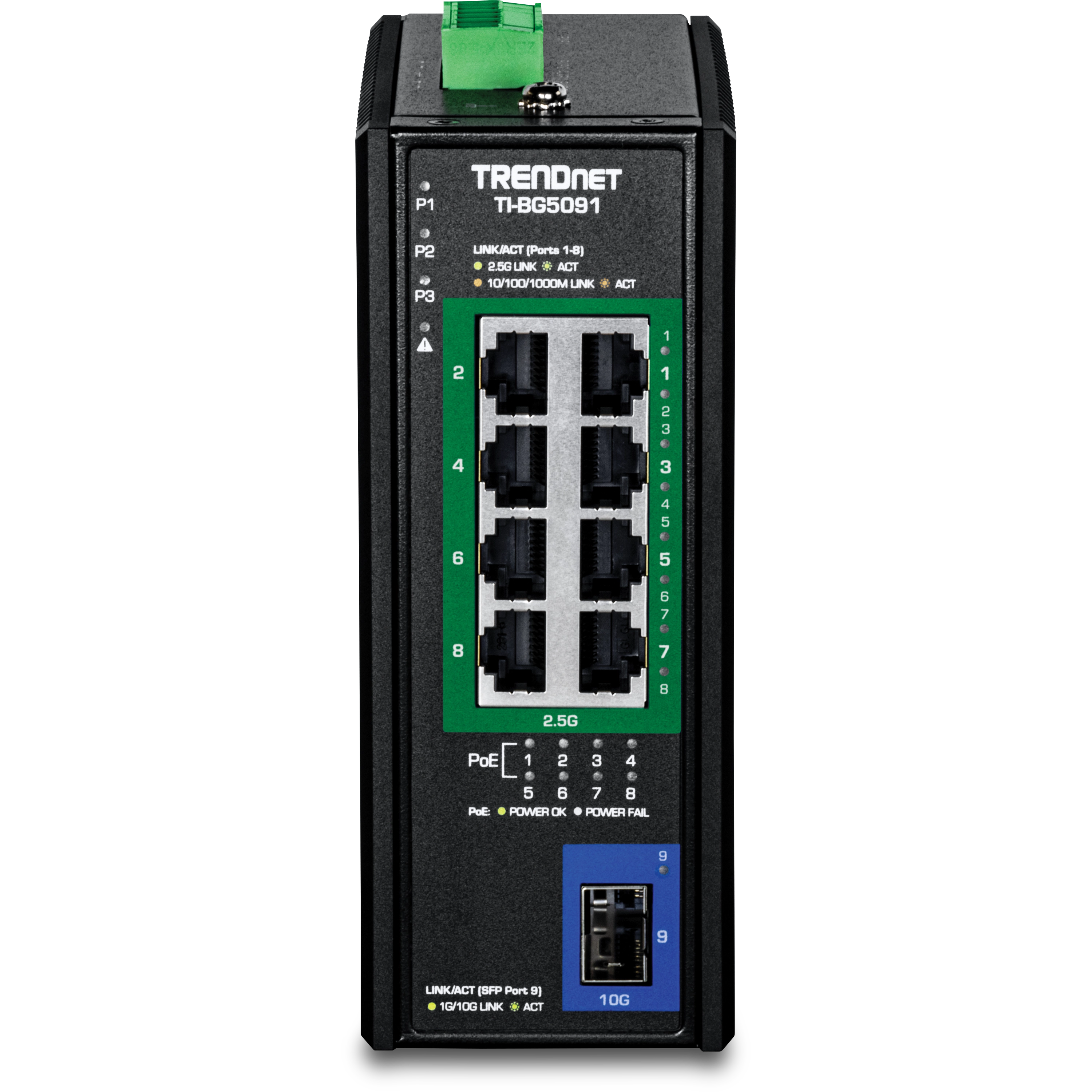 TRENDnet TI-BG5091 9-Port Industrial 2.5G DIN-Rail PoE++ Switch with 10G SFP+ Port