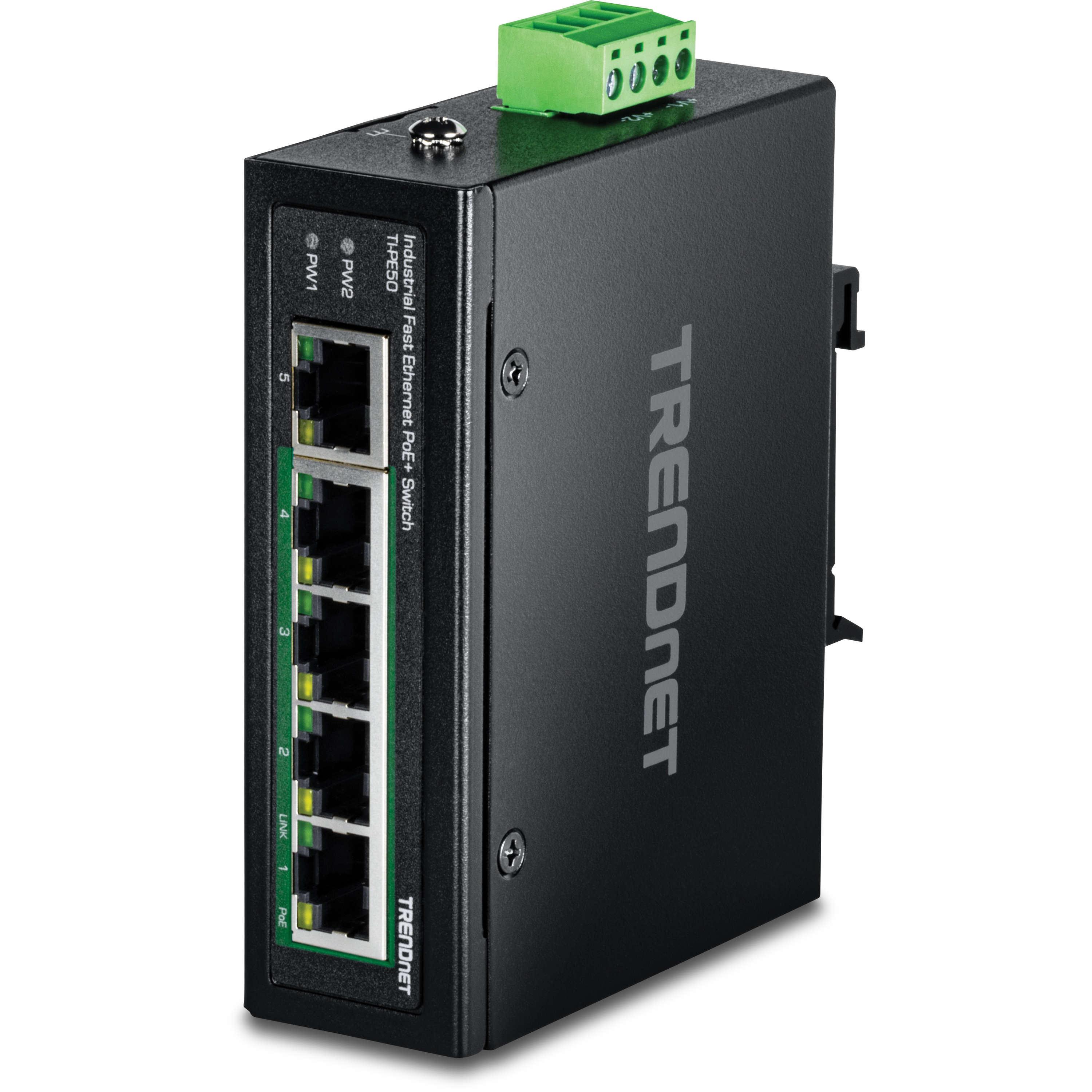 TRENDnet TI-PE50 5-Port Industrial Fast Ethernet PoE+ DIN-Rail Switch