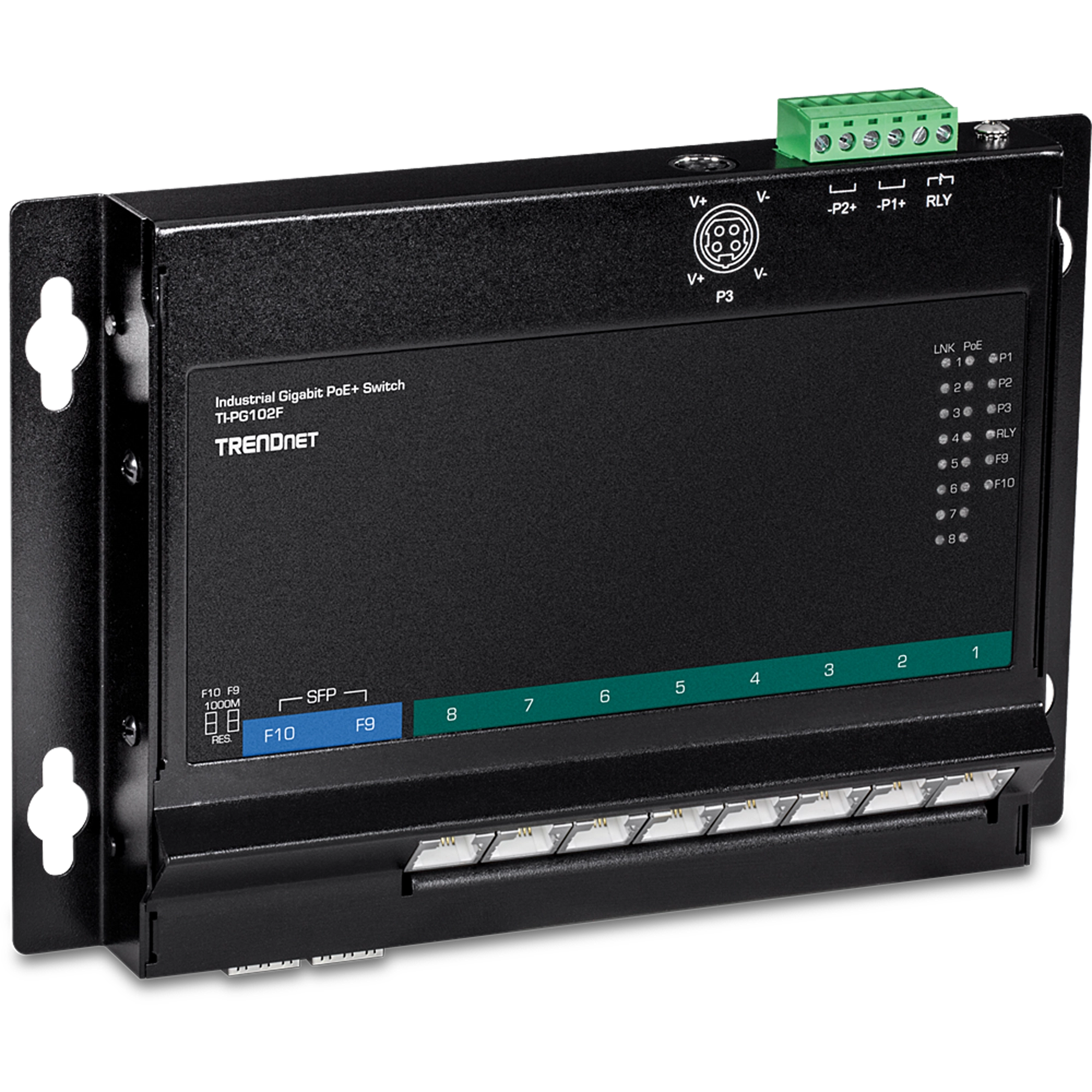 TRENDnet TI-PG102F 10-Port Industrial Gigabit PoE+ Wall-Mount Front Access Switch