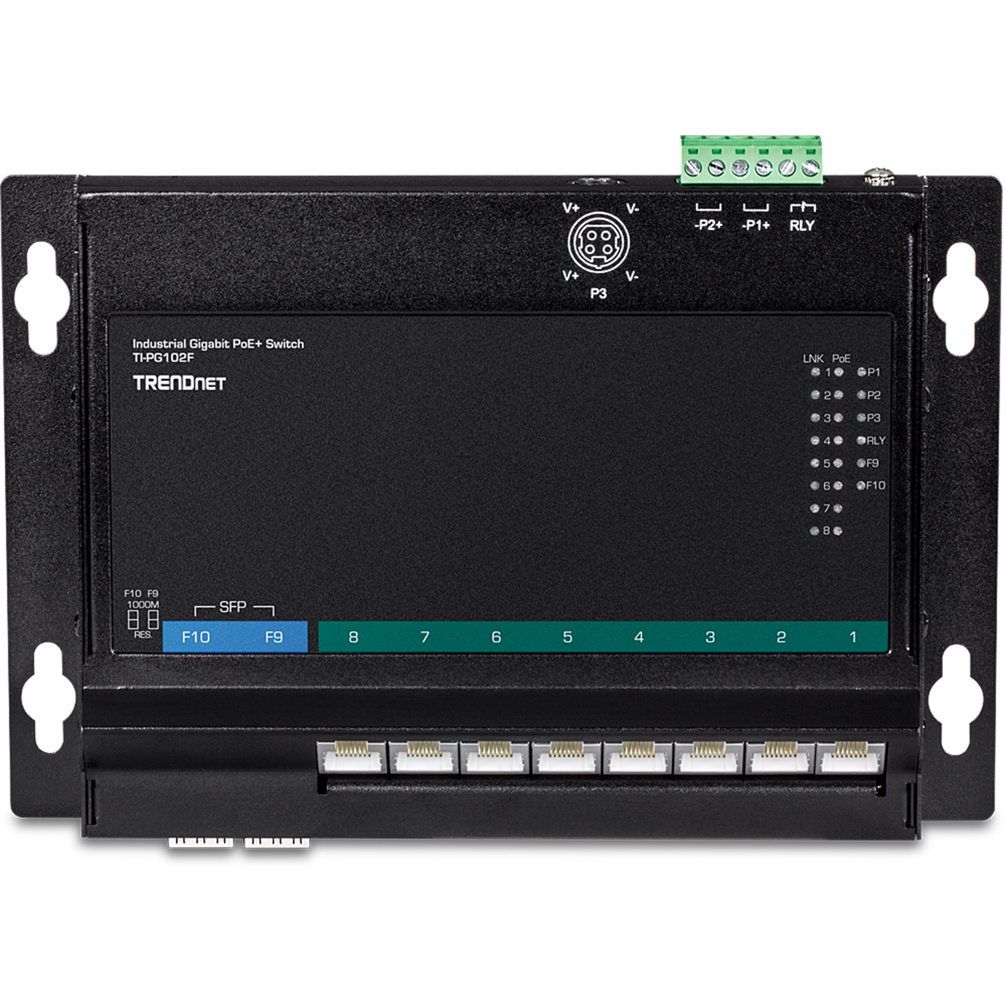 TRENDnet TI-PG102F 10-Port Industrial Gigabit PoE+ Wall-Mount Front Access Switch