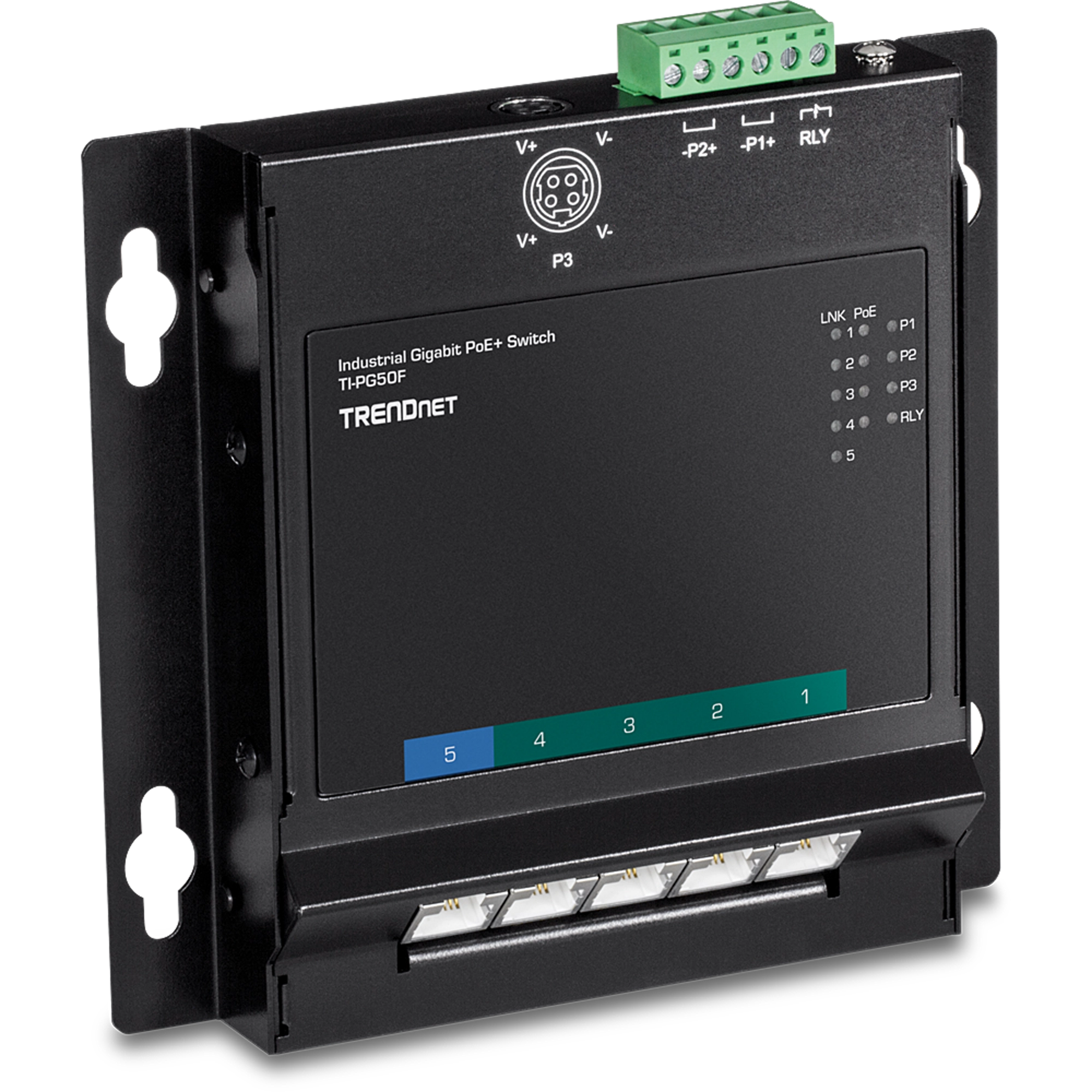 TRENDnet TI-PG50F 5-Port Industrial Gigabit PoE+ Wall-Mounted Front Access Switch