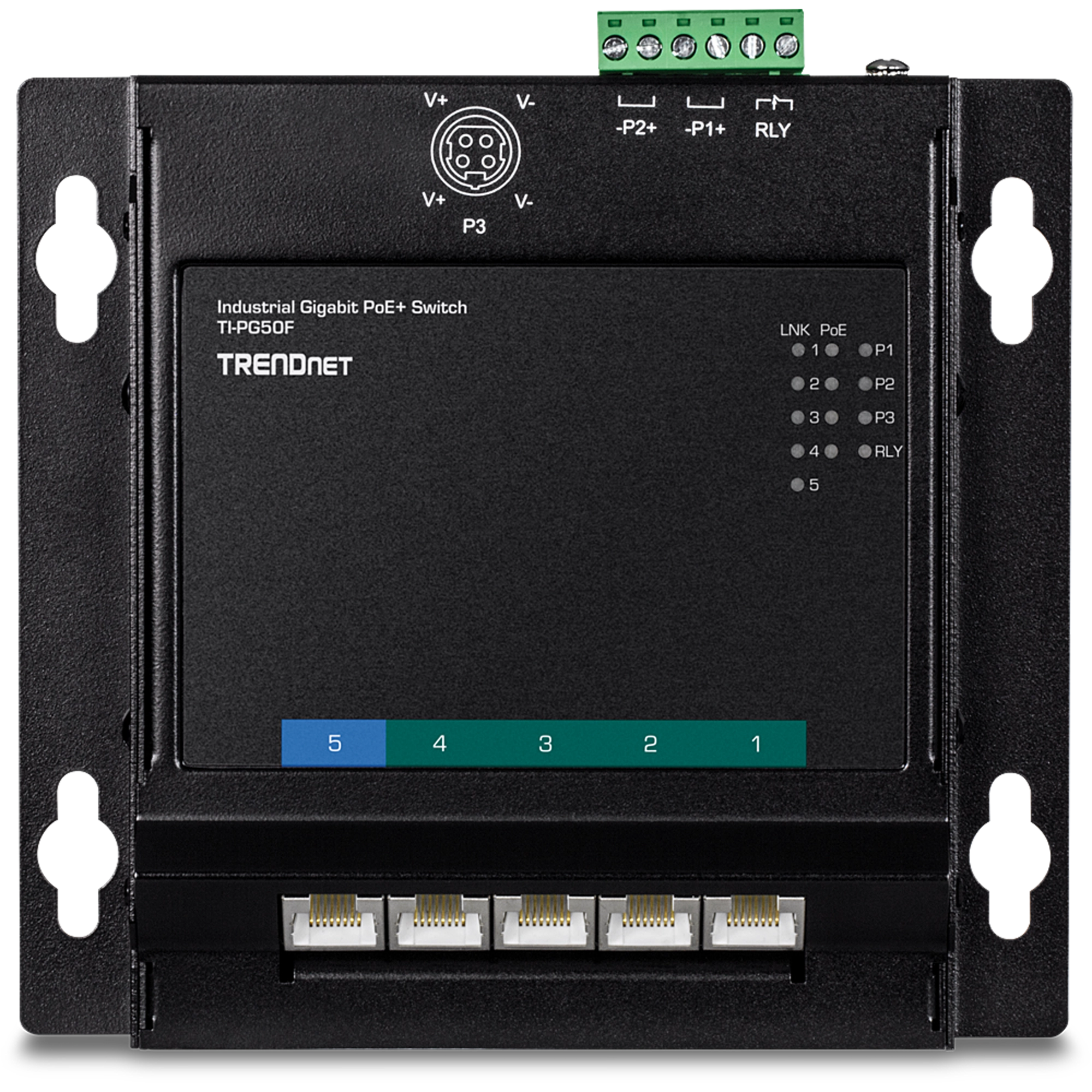 TRENDnet TI-PG50F 5-Port Industrial Gigabit PoE+ Wall-Mounted Front Access Switch