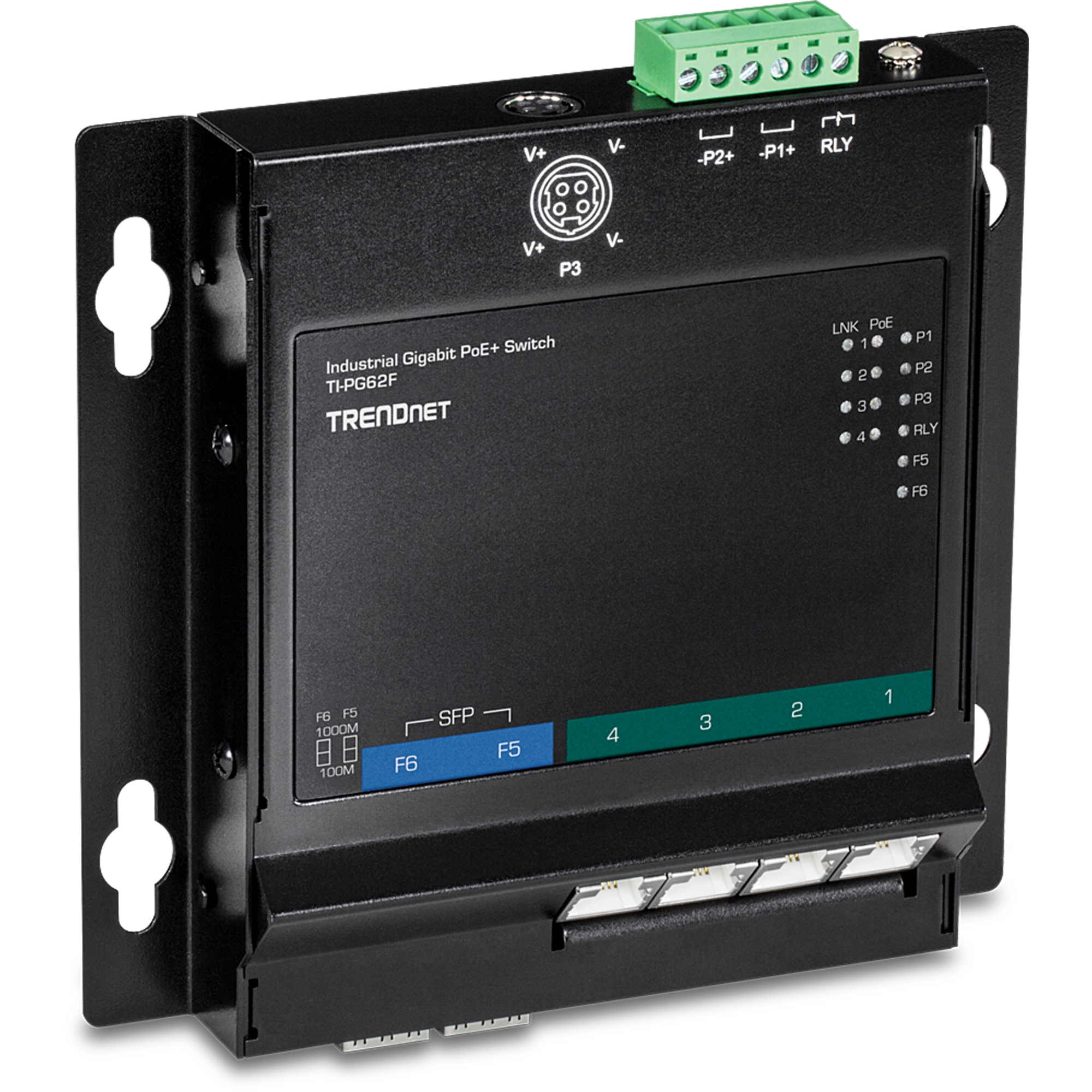 TRENDnet TI-PG62F 6-Port Industrial Gigabit PoE+ Wall-Mounted Front Access Switch