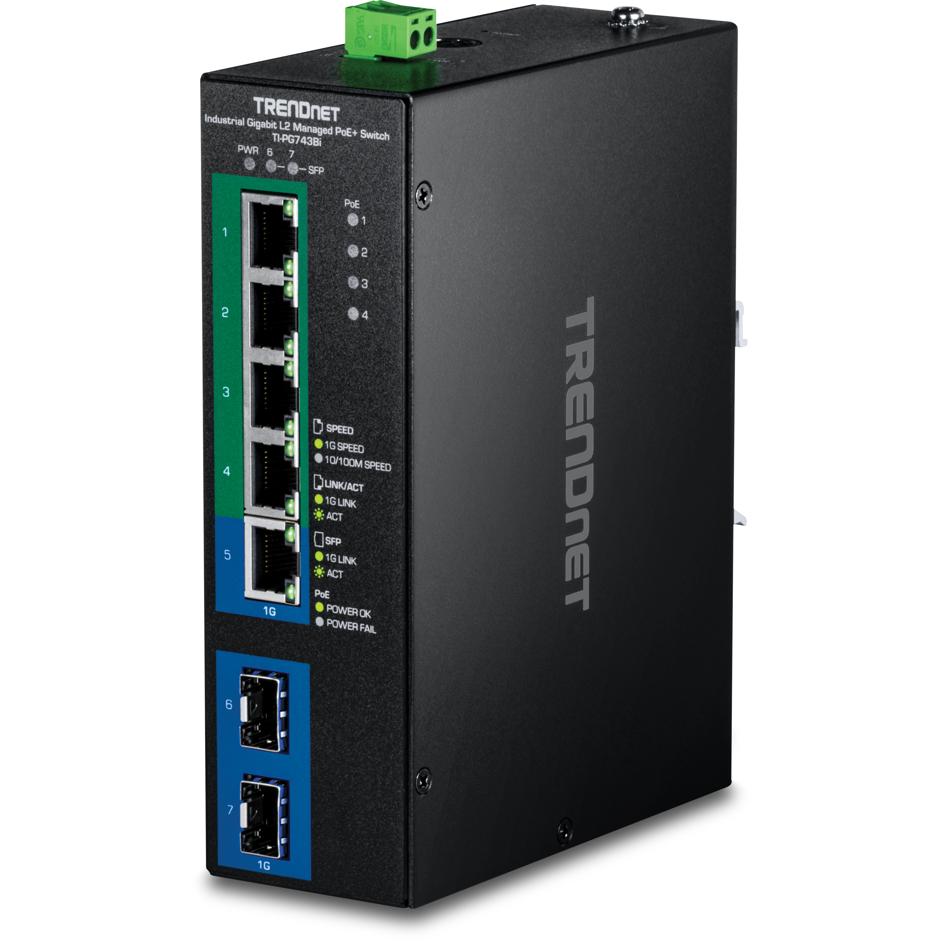 TRENDnet TI-PG743Bi 7-Port Industrial Gigabit L2 Managed PoE+ DIN-Rail Switch 24-57V