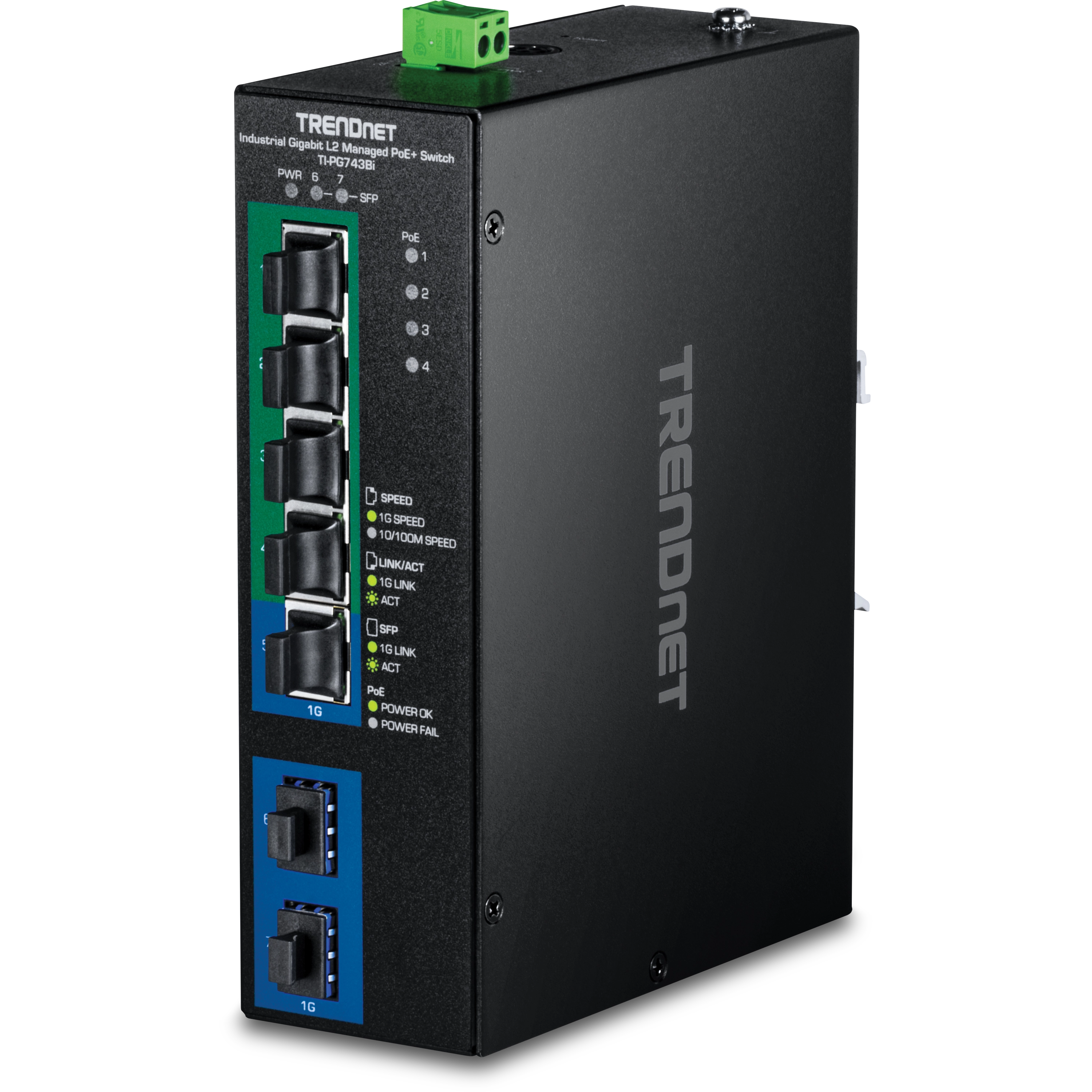 TRENDnet TI-PG743Bi 7-Port Industrial Gigabit L2 Managed PoE+ DIN-Rail Switch 24-57V