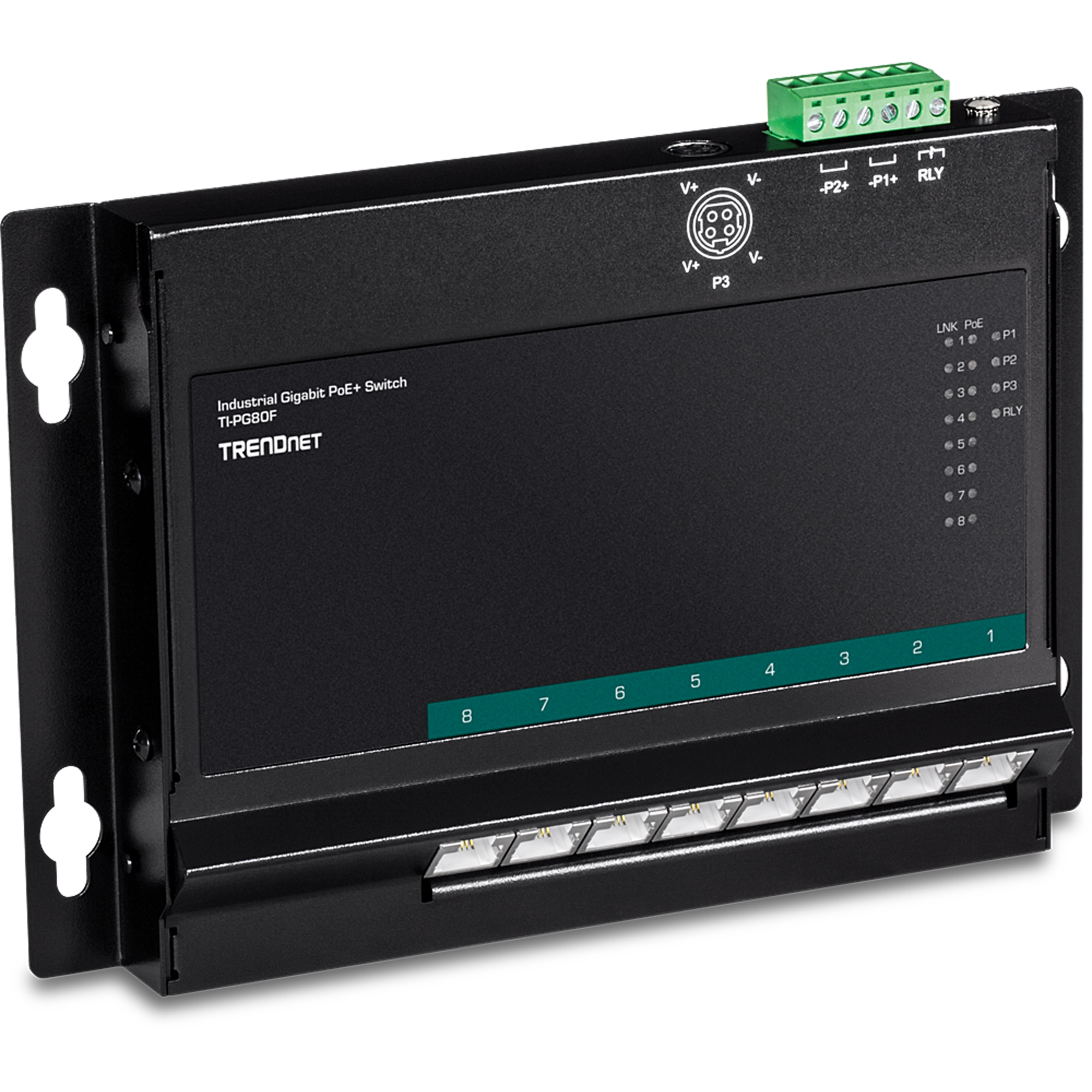 TRENDnet TI-PG80F 8-Port Industrial Gigabit PoE+ Wall-Mount Front Access Switch