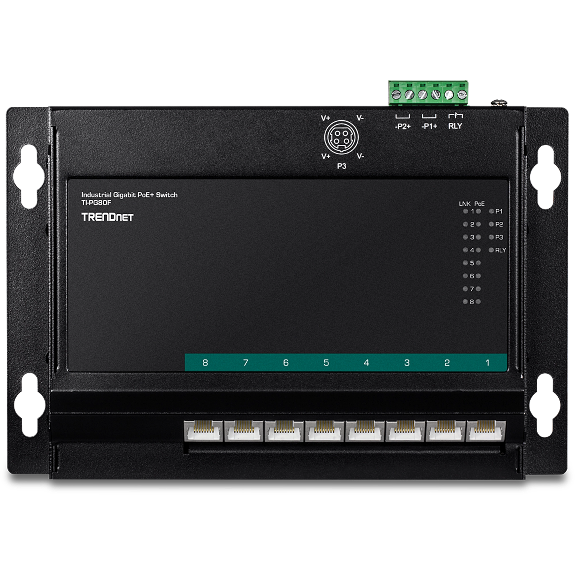 TRENDnet TI-PG80F 8-Port Industrial Gigabit PoE+ Wall-Mount Front Access Switch