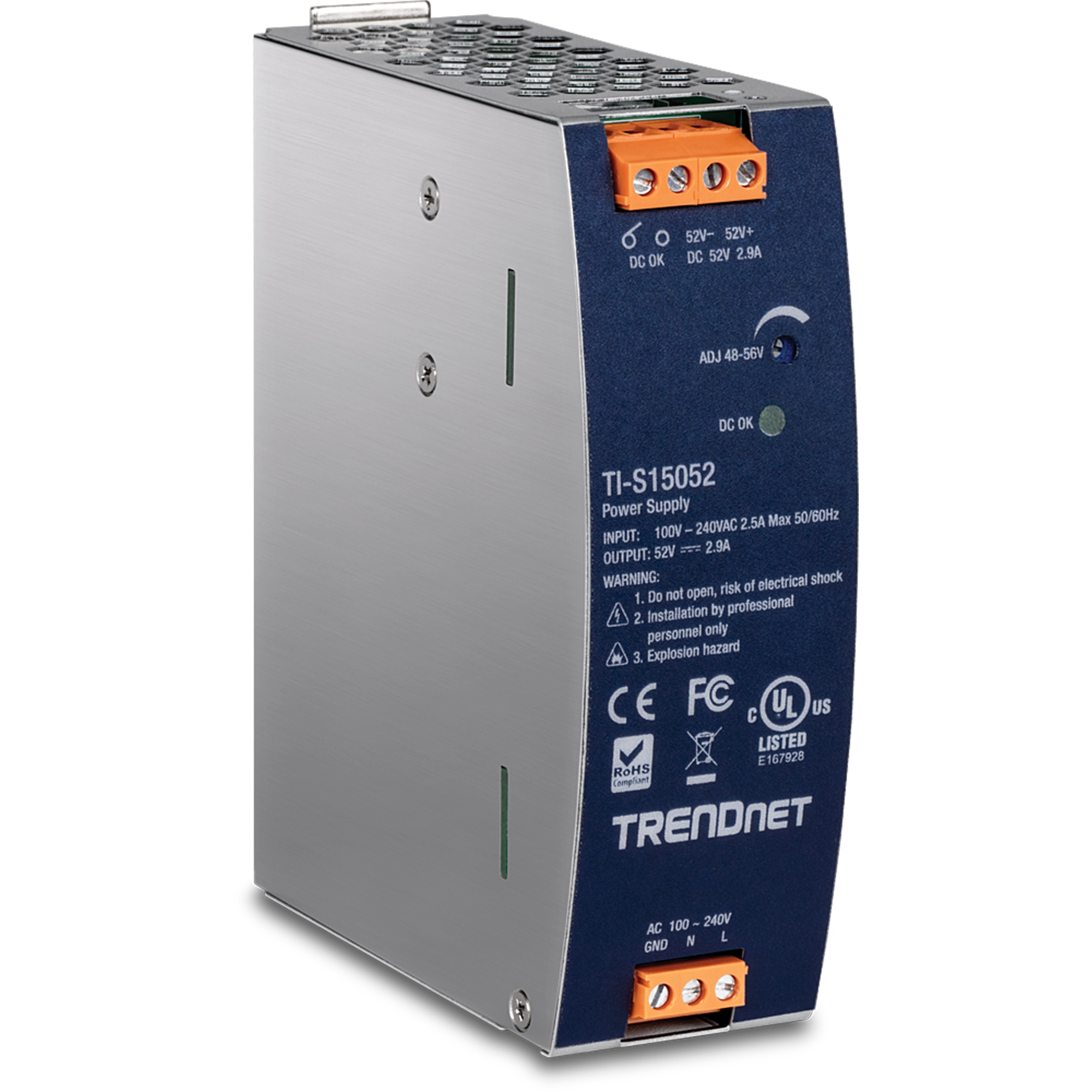 TRENDnet TI-S15052 150W, 52V DC, 2.89A AC to DC DIN-Rail Power Supply with PFC Function