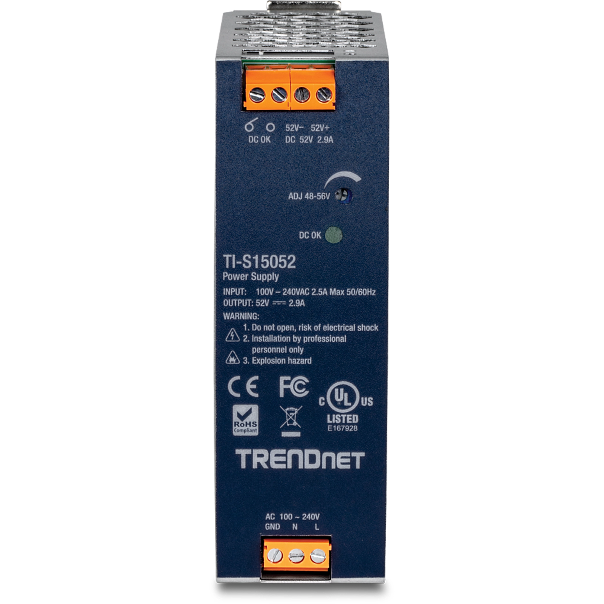 TRENDnet TI-S15052 150W, 52V DC, 2.89A AC to DC DIN-Rail Power Supply with PFC Function