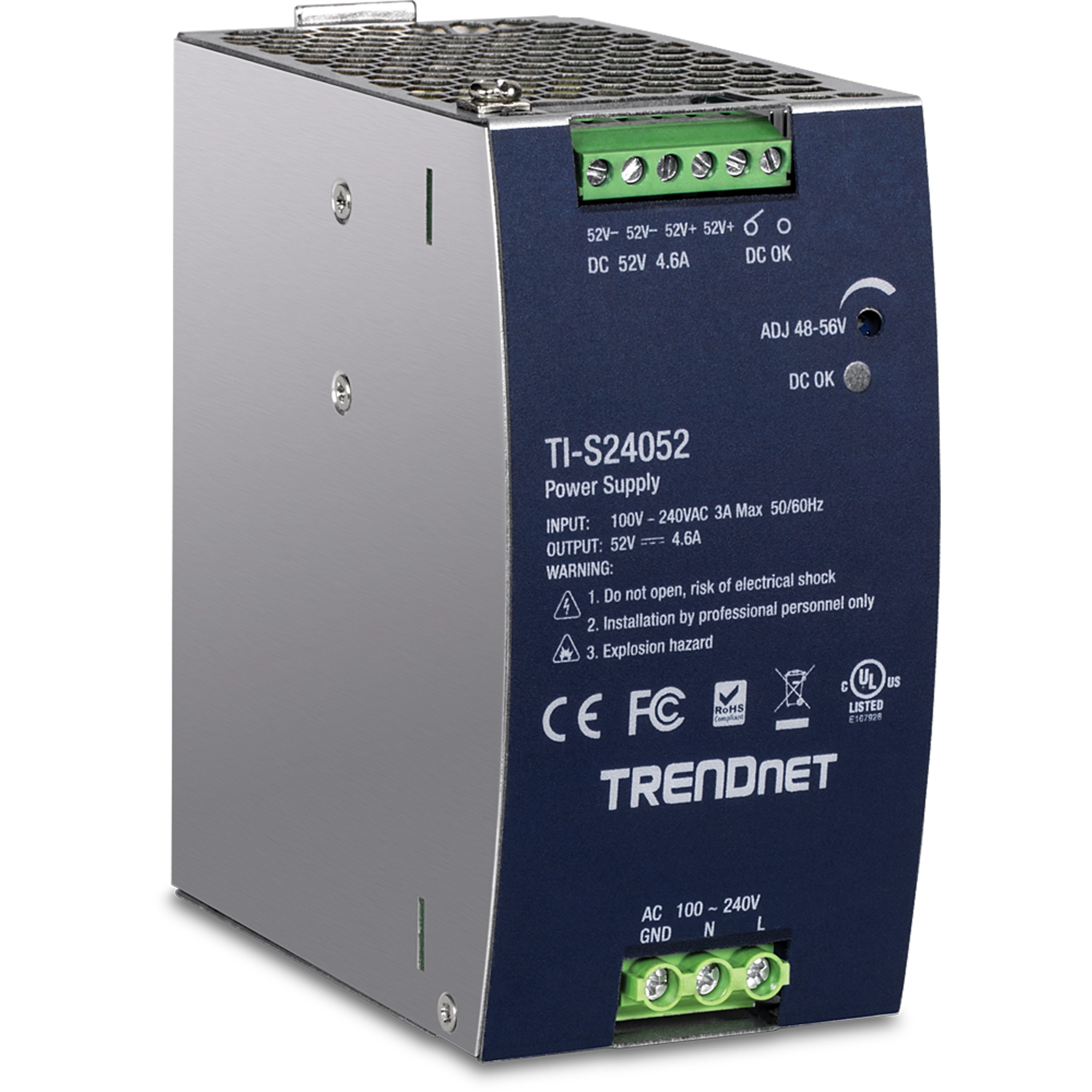 TRENDnet TI-S24052 240W, 52V DC, 4.61A AC to DC DIN-Rail Power Supply with PFC Function