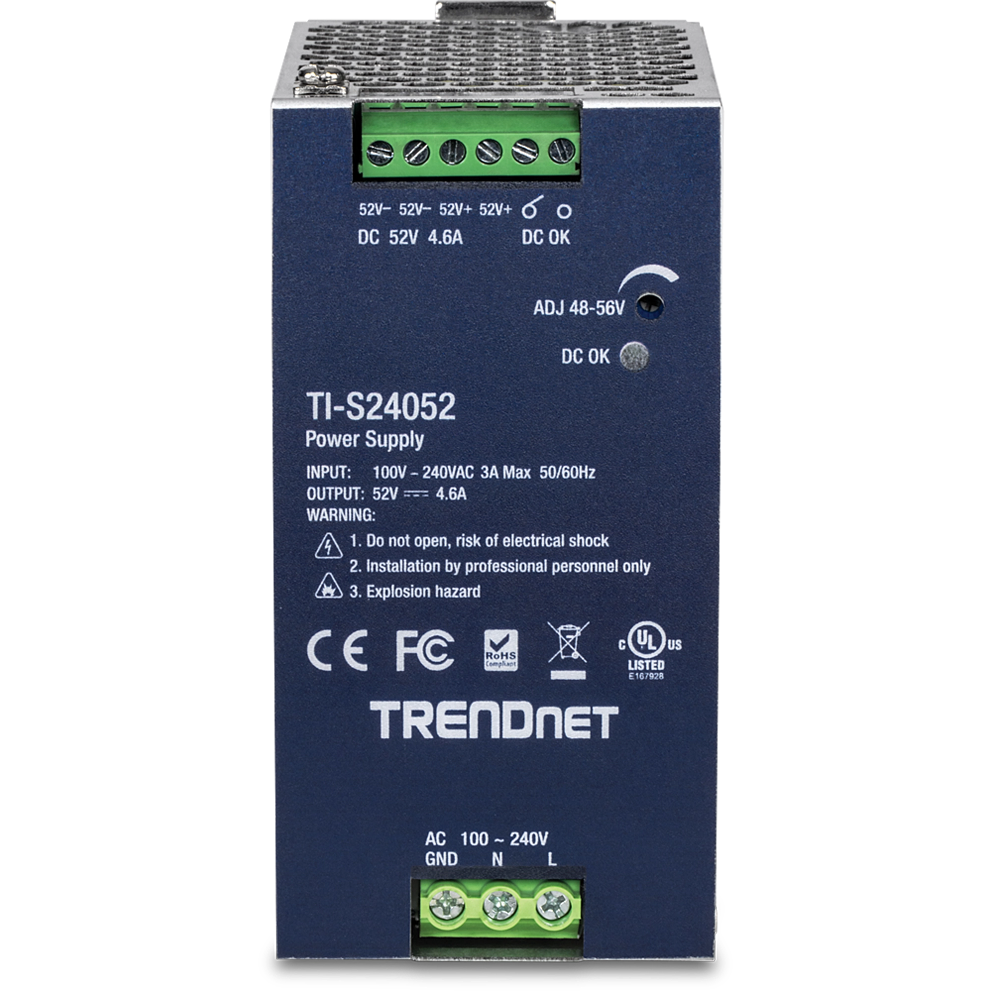 TRENDnet TI-S24052 240W, 52V DC, 4.61A AC to DC DIN-Rail Power Supply with PFC Function