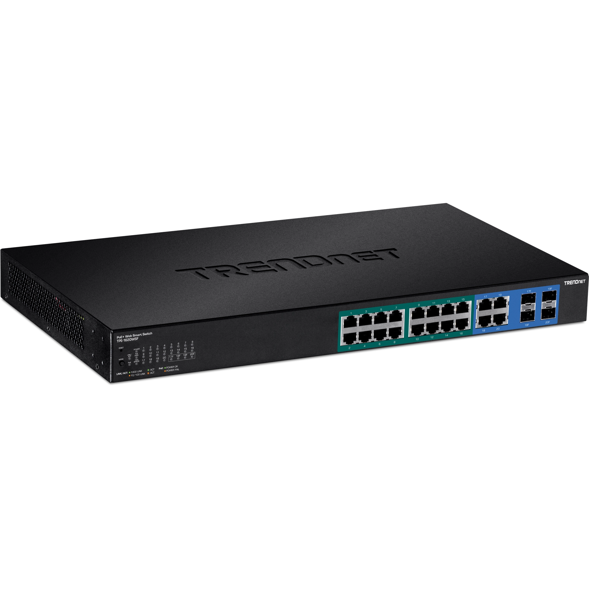 TRENDnet TPE-1620WSF 20-Port Gigabit Web Smart POE+ Switch w/ 2 Shared SFP Slots (16 PoE+, 2SFP) (370W)
