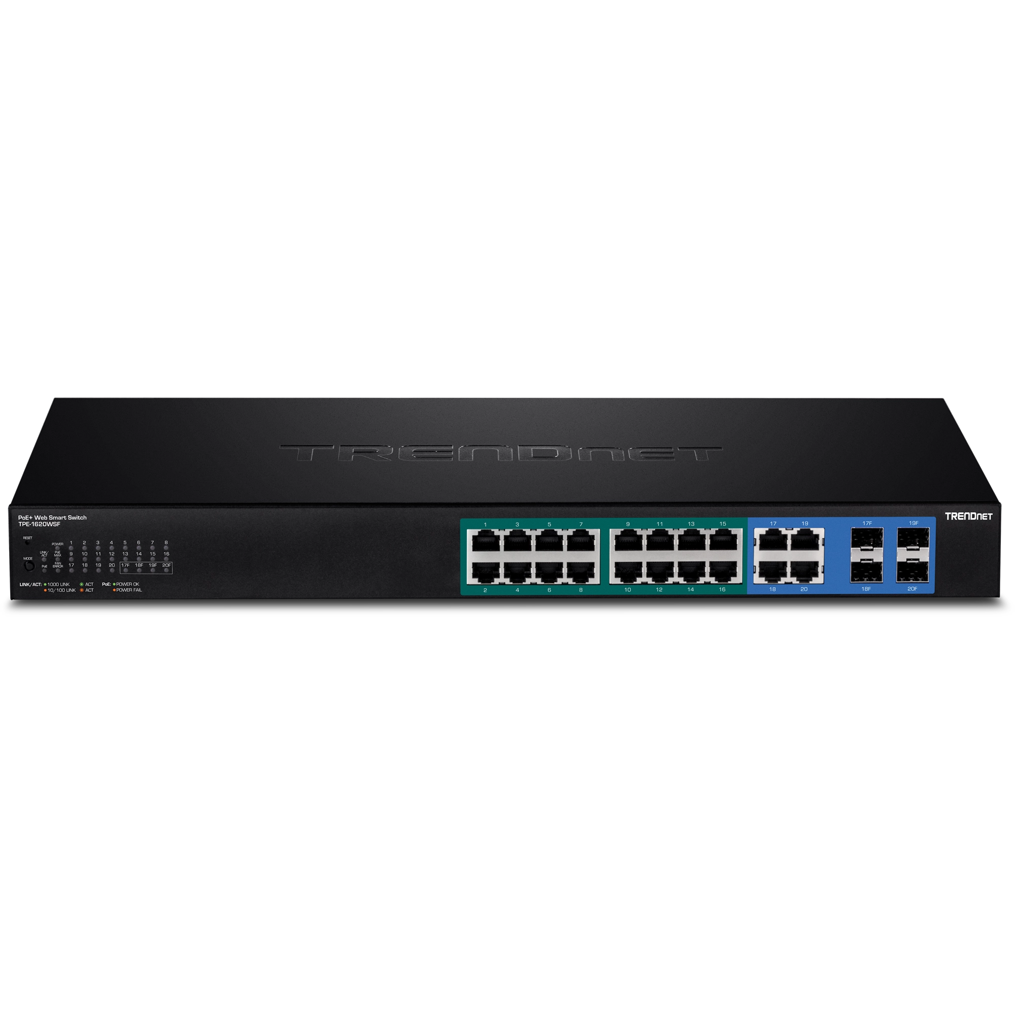 TRENDnet TPE-1620WSF 20-Port Gigabit Web Smart POE+ Switch w/ 2 Shared SFP Slots (16 PoE+, 2SFP) (370W)