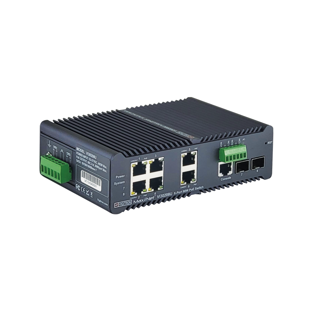 Vigitron Vi30208U 4+2+2 Port MaxiiNet™ 1G, L2 Hardened Industrial at/af/bt 90W Ring PoE Switch- TimeZone sync, Autochecking, 6 PoE ports