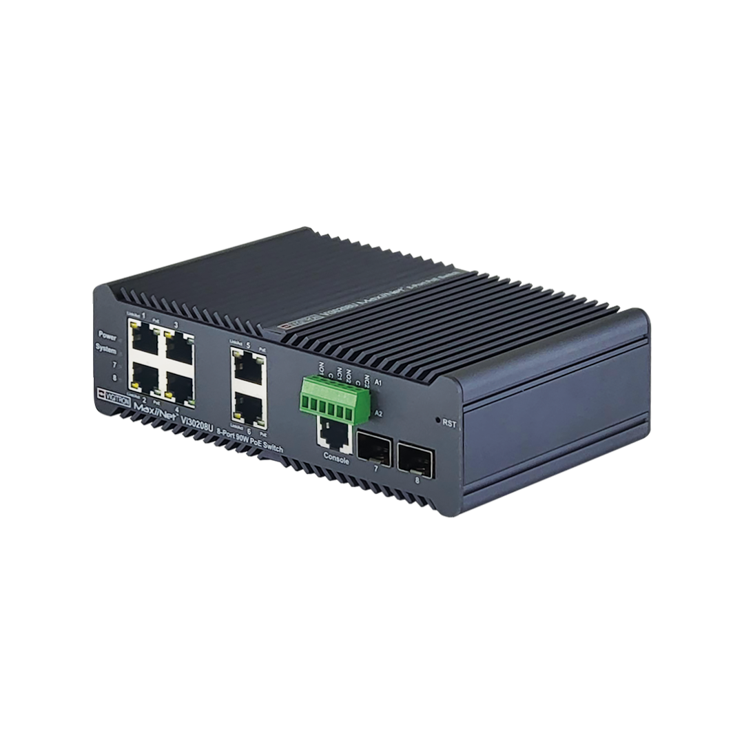 Vigitron Vi30208U 4+2+2 Port MaxiiNet™ 1G, L2 Hardened Industrial at/af/bt 90W Ring PoE Switch- TimeZone sync, Autochecking, 6 PoE ports