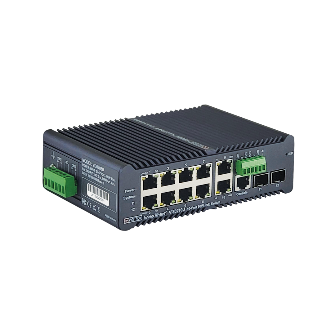 Vigitron Vi30210U 8+2 Port MaxiiNet™ 1G, L2 Hardened Industrial at/af/bt 90W Ring PoE Switch=TimeZone sync, Autochecking  10 ports PoE