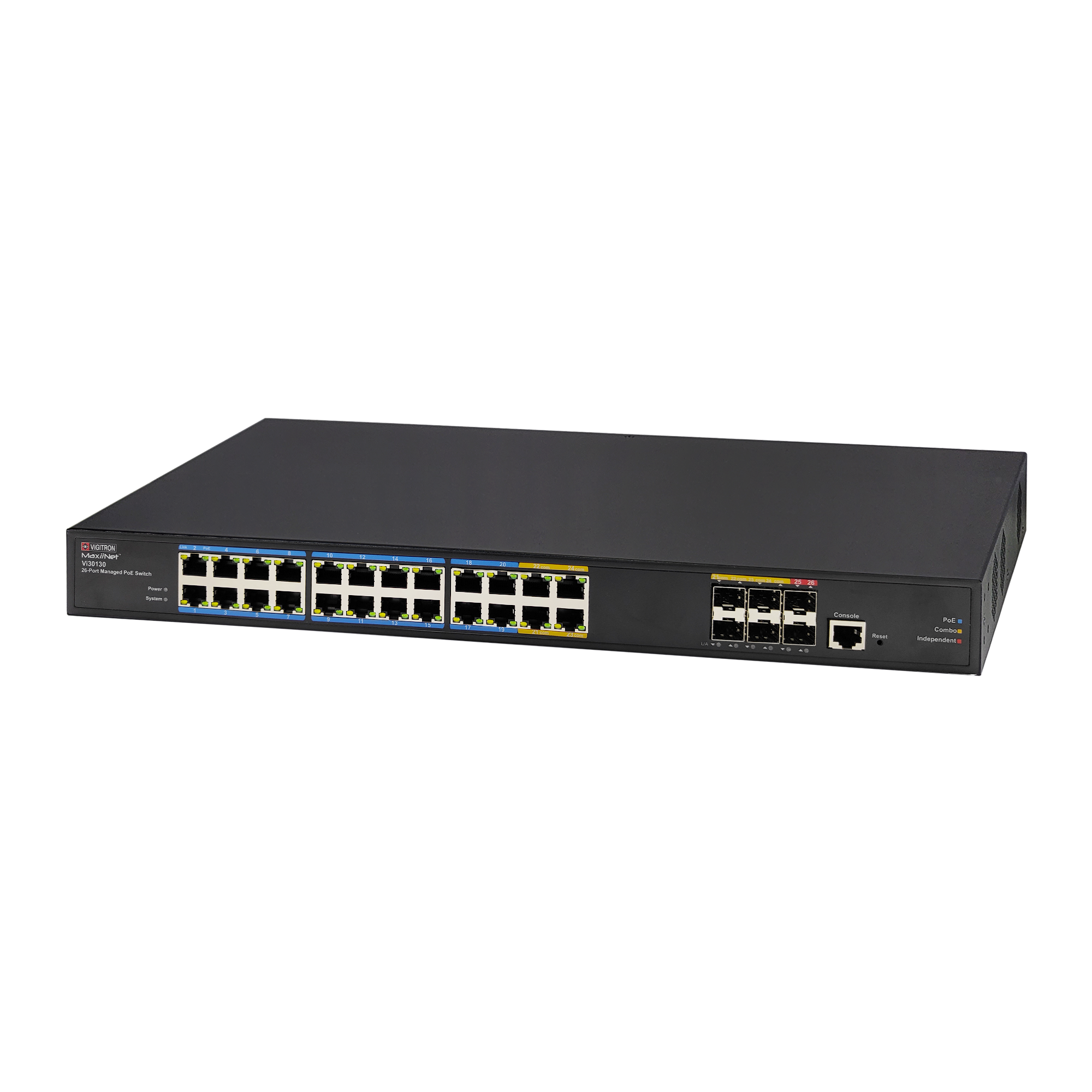 Vigitron Vi30130 24 Port MaxiiNet™ 20 UTP-16, 4 combo UTP/Fiber -16, 2 -1G Fiber uplinks 802.3bt 90w L2+/L3 lite managed network switch