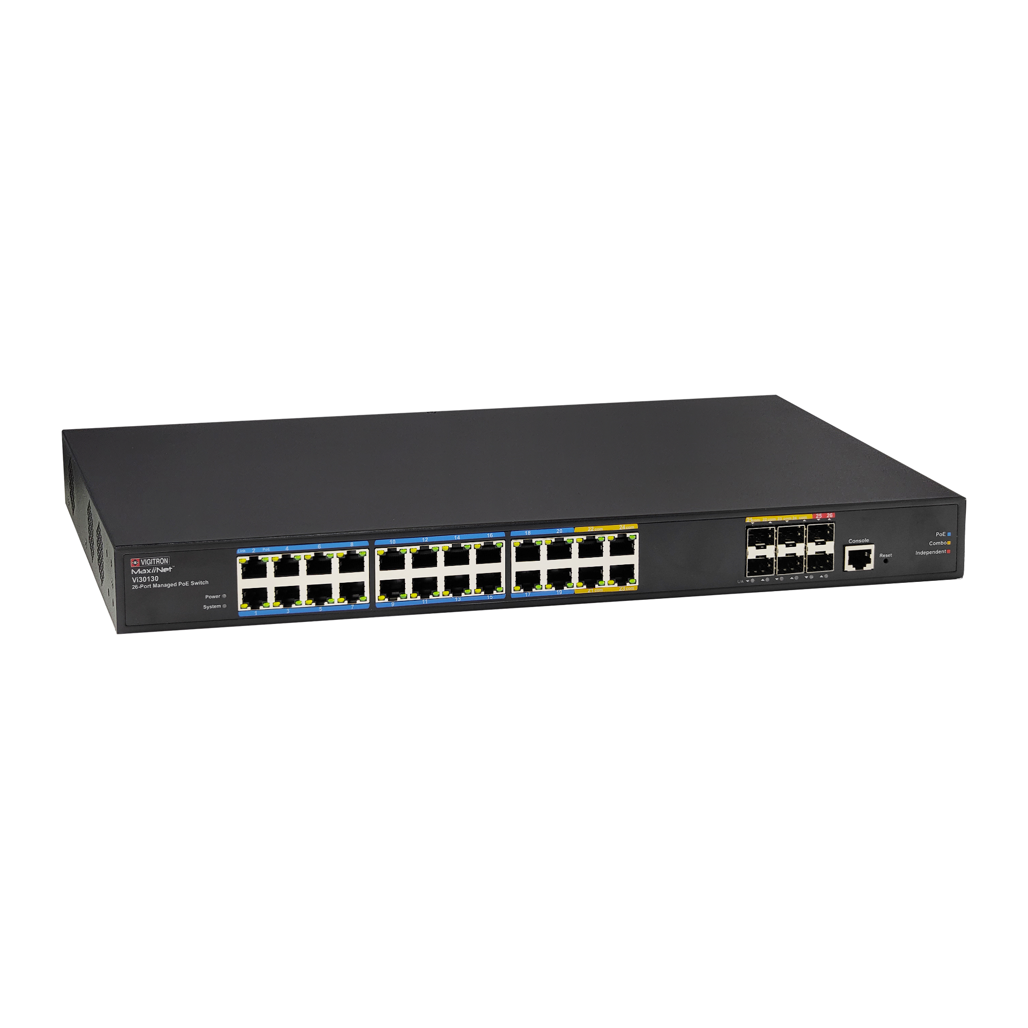 Vigitron Vi30130 24 Port MaxiiNet™ 20 UTP-16, 4 combo UTP/Fiber -16, 2 -1G Fiber uplinks 802.3bt 90w L2+/L3 lite managed network switch