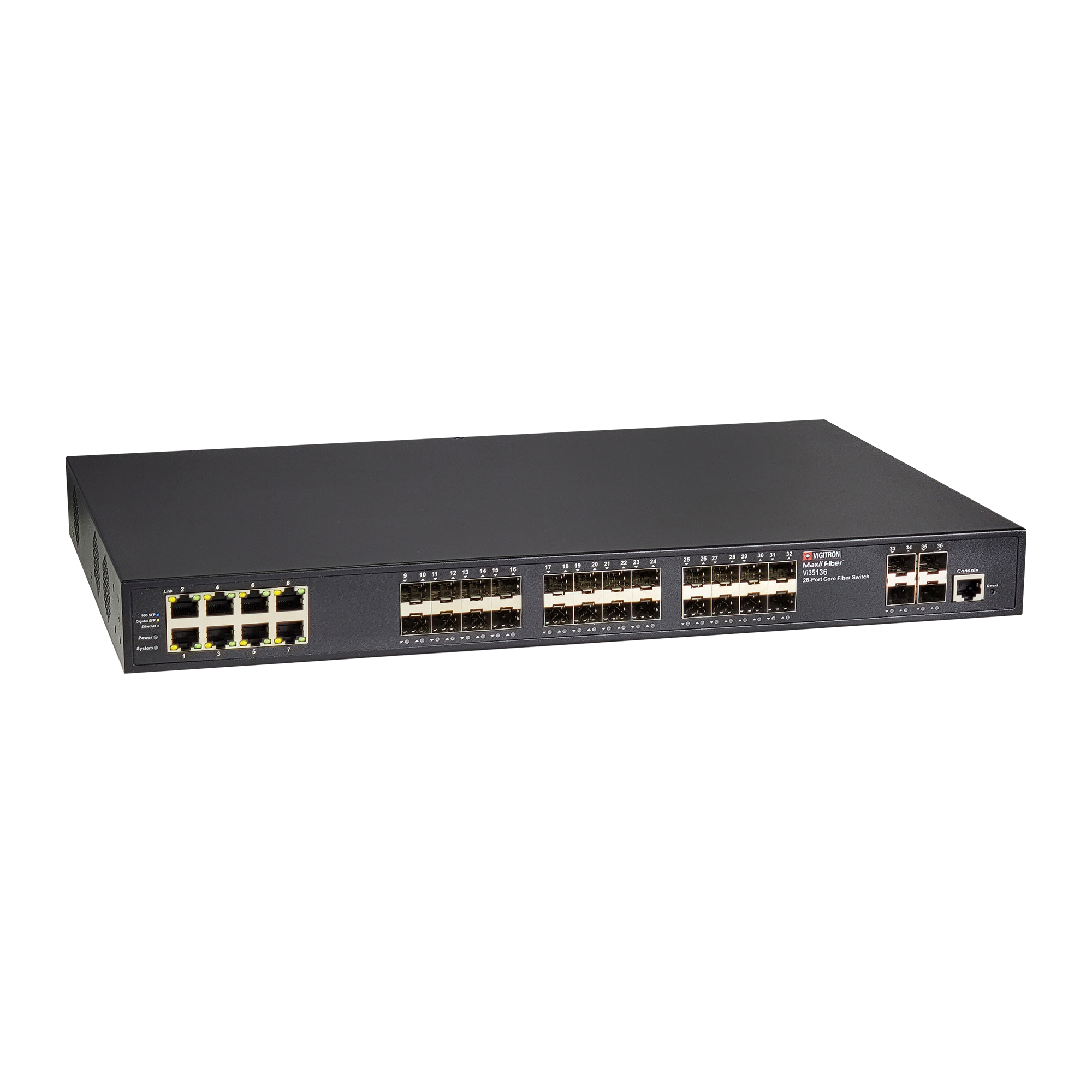 Vigitron Vi35136  36-Port MaxiiNet™ L2+/L3 Hybrid Fiber Network Switch, 24x1G Fiber, 8x1G UTP Ports, 4x1G/2.5G/10G fiber uplink