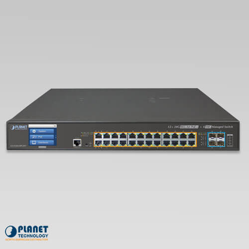 Planet GS-5220-24P4XVR L2+ 24-Port 10/100/1000T 802.3at PoE + 4-Port 10G SFP+ Managed Switch with LCD touch screen with Redundant Power Supply