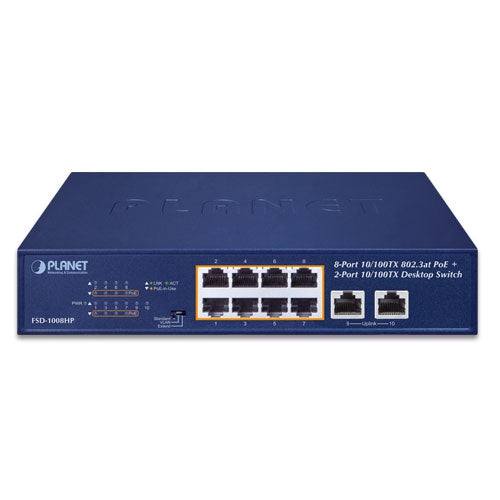 Planet FSD-1008HP 8-Port 10/100TX 802.3at PoE + 2-Port 10/100TX Desktop Switch