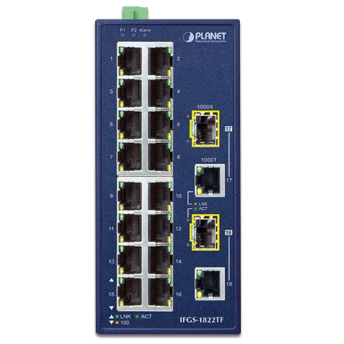 Planet IFGS-1822TF IP30 Industrial 16-Port 10/100TX + 2-Port Gigabit TP/SFP Com