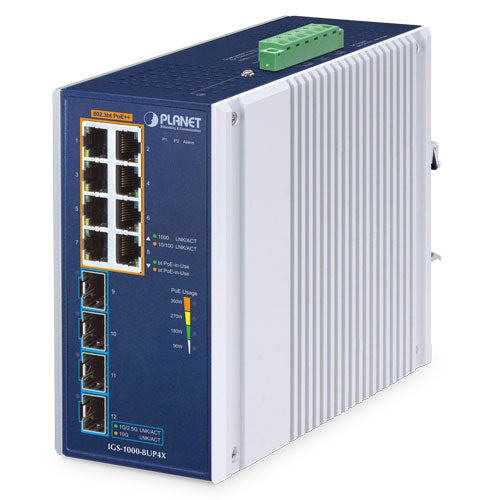 Planet IGS-1000-8UP4X IP30 Industrial 8-Port 10/100/1000T 802.3bt PoE + 4-Port 10G