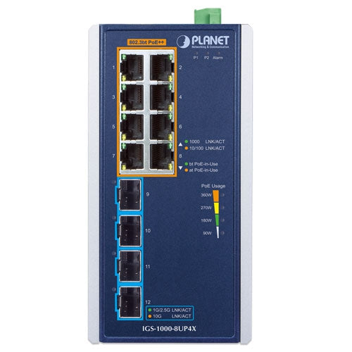 Planet IGS-1000-8UP4X IP30 Industrial 8-Port 10/100/1000T 802.3bt PoE + 4-Port 10G