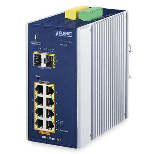 Planet IGS-10020HPT-U IP30 Industrial L2+/L4 8-Port 1000T 802.3at PoE + 2-Port 1G/