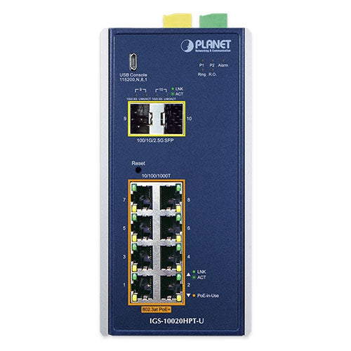 Planet IGS-10020HPT-U IP30 Industrial L2+/L4 8-Port 1000T 802.3at PoE + 2-Port 1G/