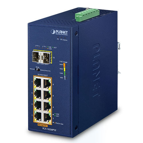 Planet IGS-1020PTF IP30 Industrial 8-Port 10/100/1000T 802.3at PoE + 2-Port 100