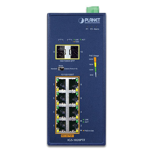 Planet IGS-1020PTF IP30 Industrial 8-Port 10/100/1000T 802.3at PoE + 2-Port 100