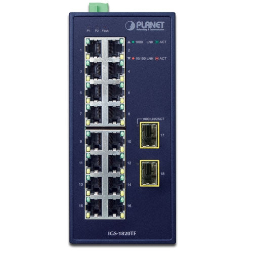 Planet IGS-1820TF IP30 Industrial 16-Port 10/100/1000T + 2-Port 1000X SFP Giga