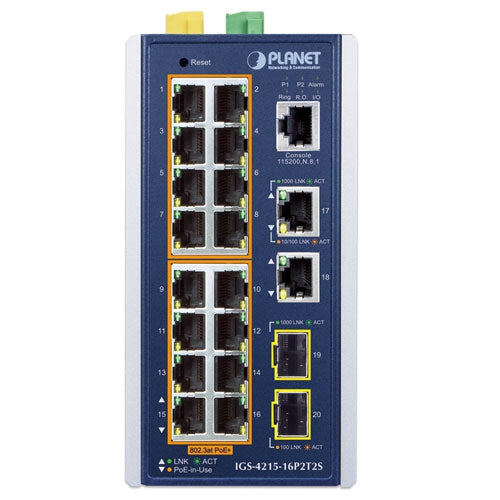 Planet IGS-4215-16P2T2S IP30 Industrial L2/L4 16-Port 10/100/1000T 802.3at PoE + 2-P