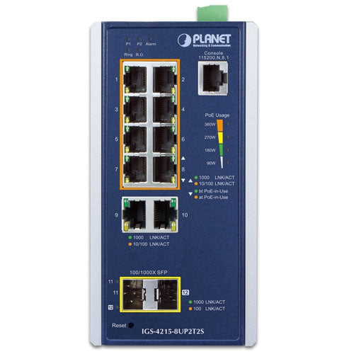 Planet IGS-4215-8UP2T2S IP30 Industrial L2/L4 8-Port 10/100/1000T 802.3bt PoE + 2-Po