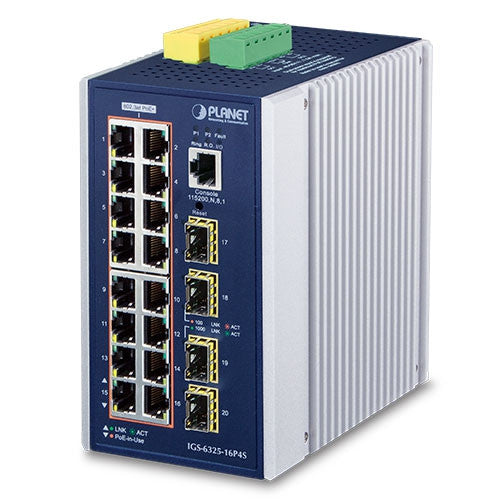 Planet IGS-6325-16P4S Industrial 16-Port 10/100/1000T 802.3at PoE + 4-Port 100/1000X SFP Managed Ethernet Switch