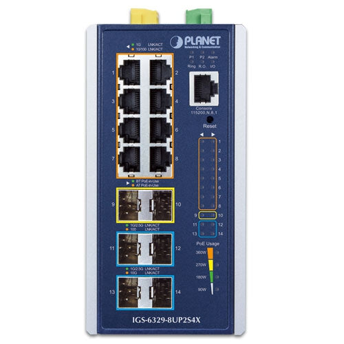 Planet IGS-6329-8UP2S4X IP30 DIN-rail Industrial L3 8-Port 10/100/1000T 802.3bt PoE