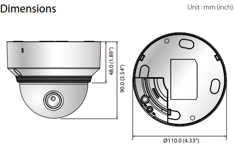 Samsung/Hanwha XND-8040R 5MP Indoor IR Vandal Dome Dimensions